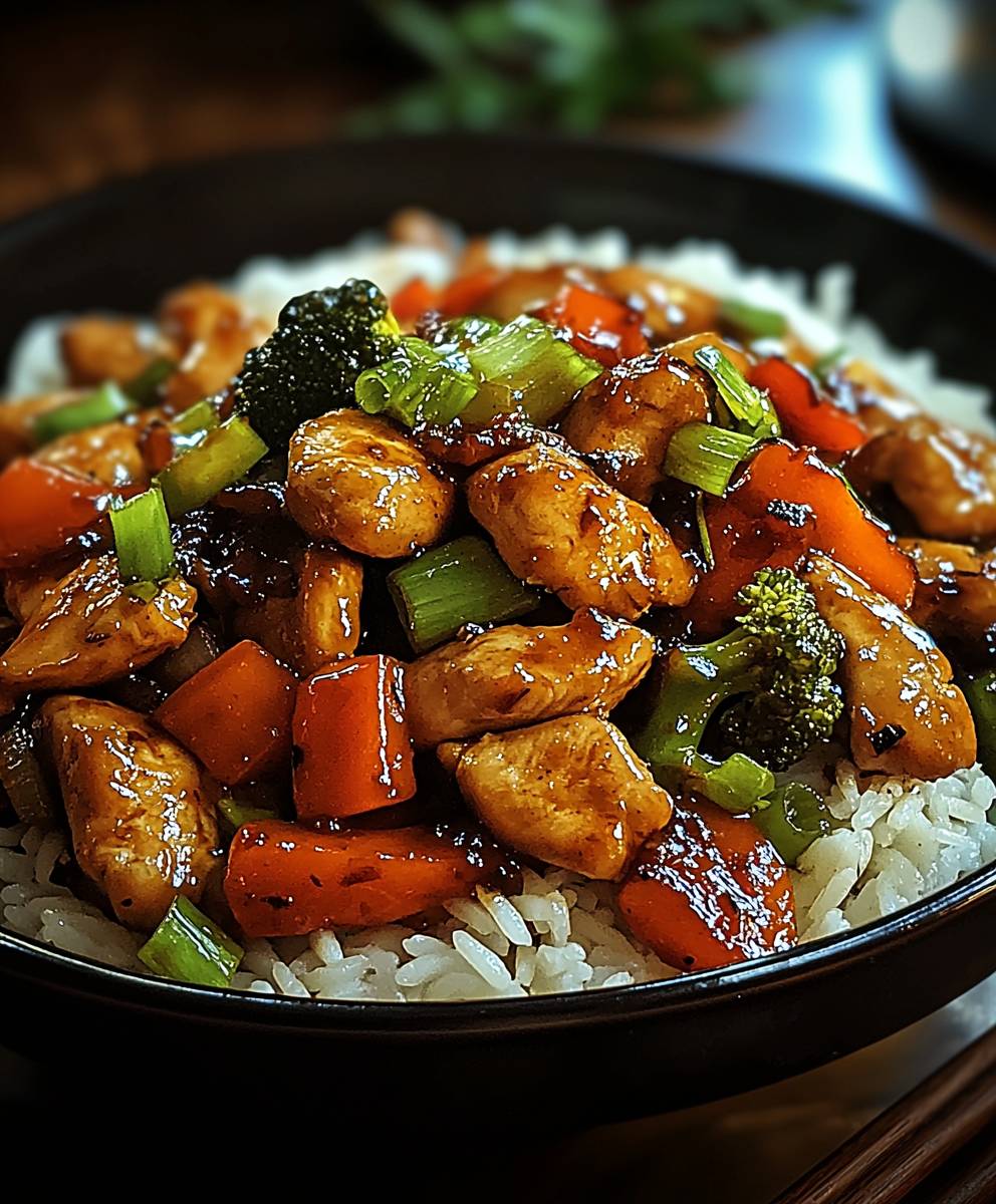 Chinesische Hähnchenpfanne mit Reis