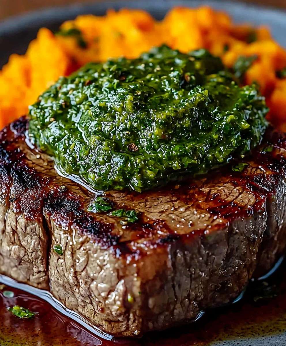 Steak grüne Sauce Süßkartoffelpüree