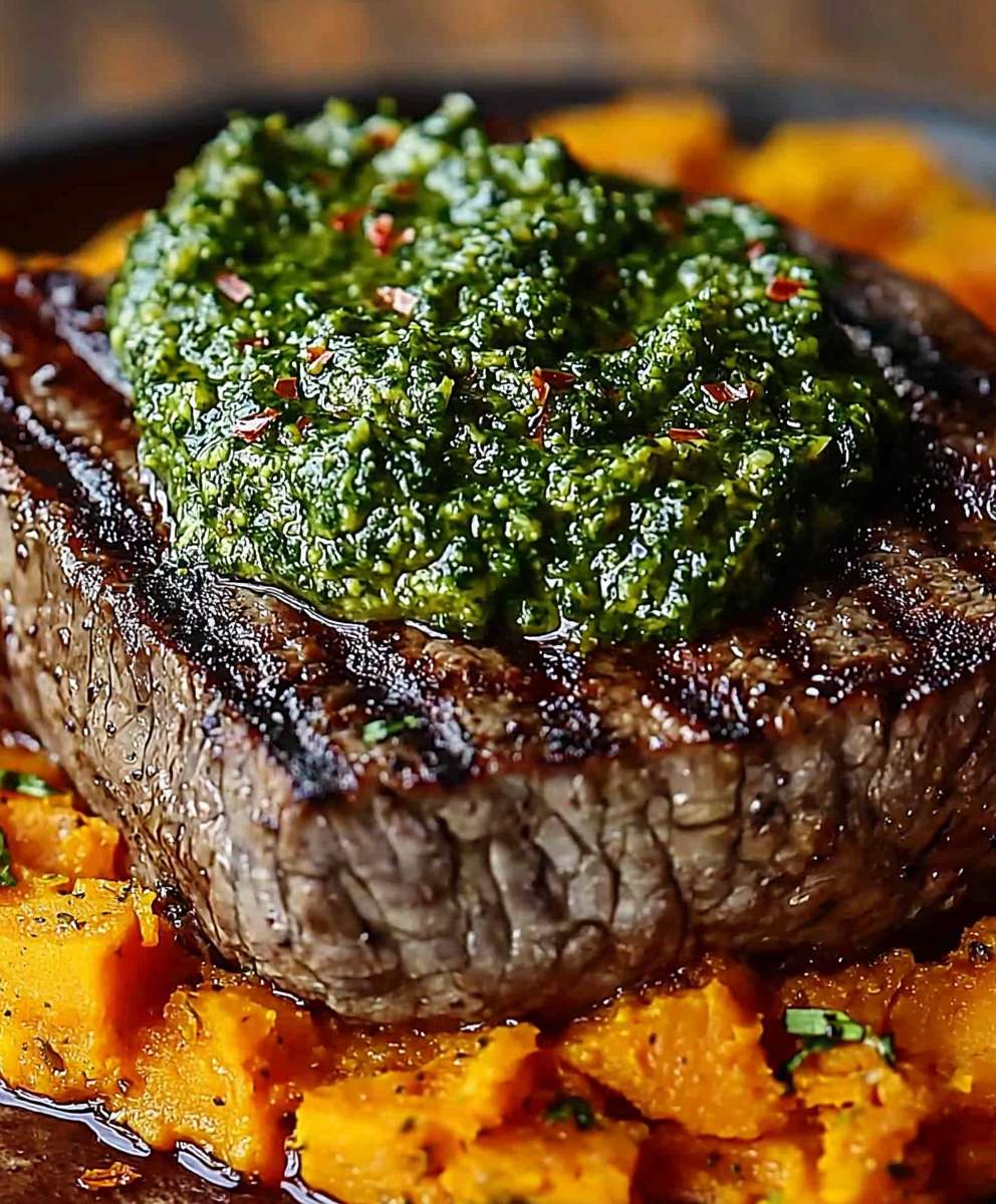 Steak grüne Sauce Süßkartoffelpüree
