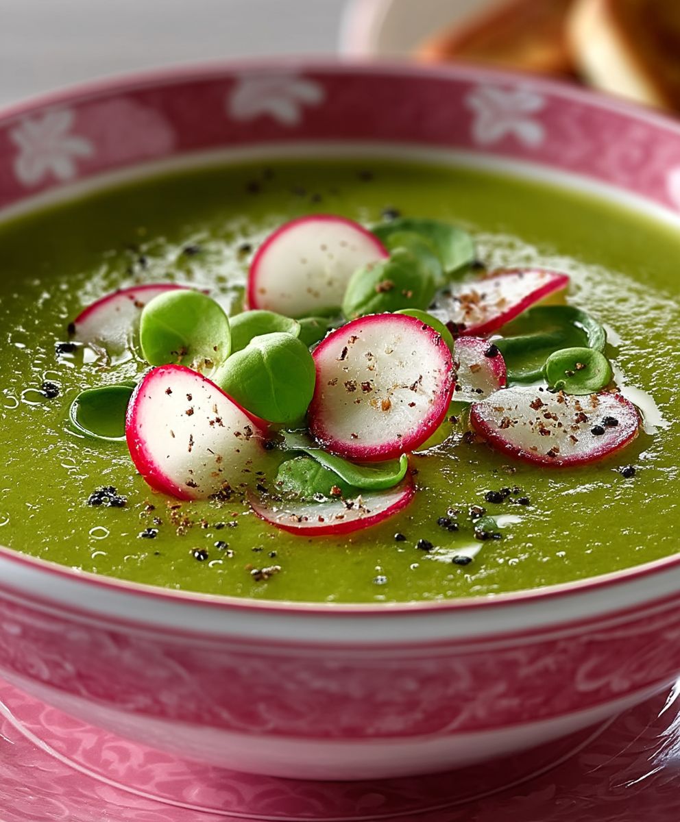 Erbsen Spinat Suppe Radieschen