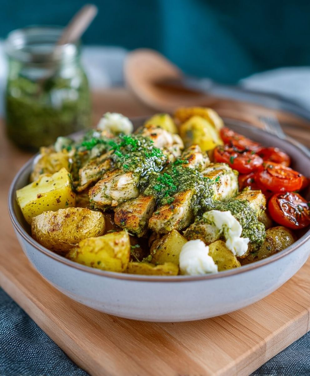 Pesto Hähnchen Röstkartoffel Bowl