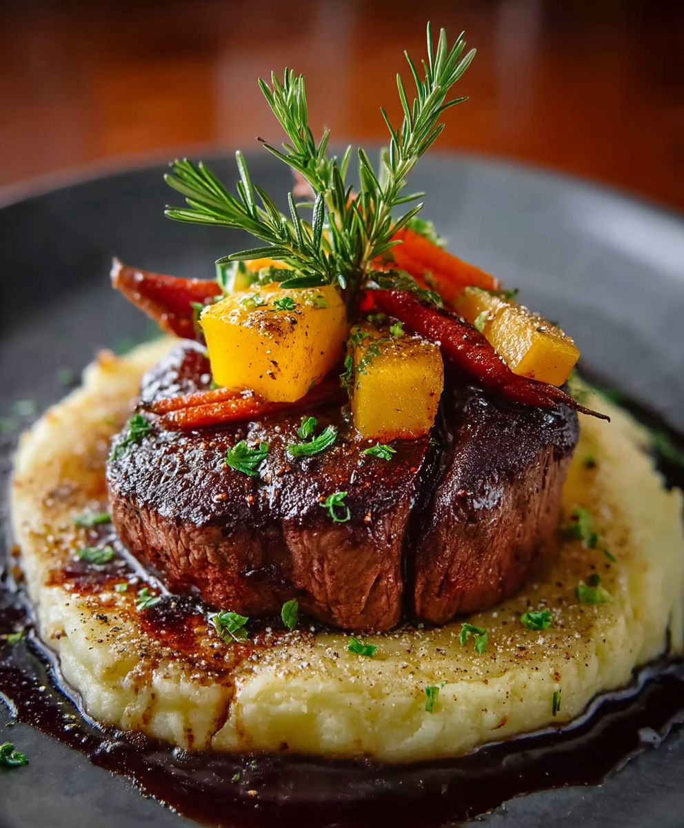 Filetsteak Selleriepüree Wurzelgemüse