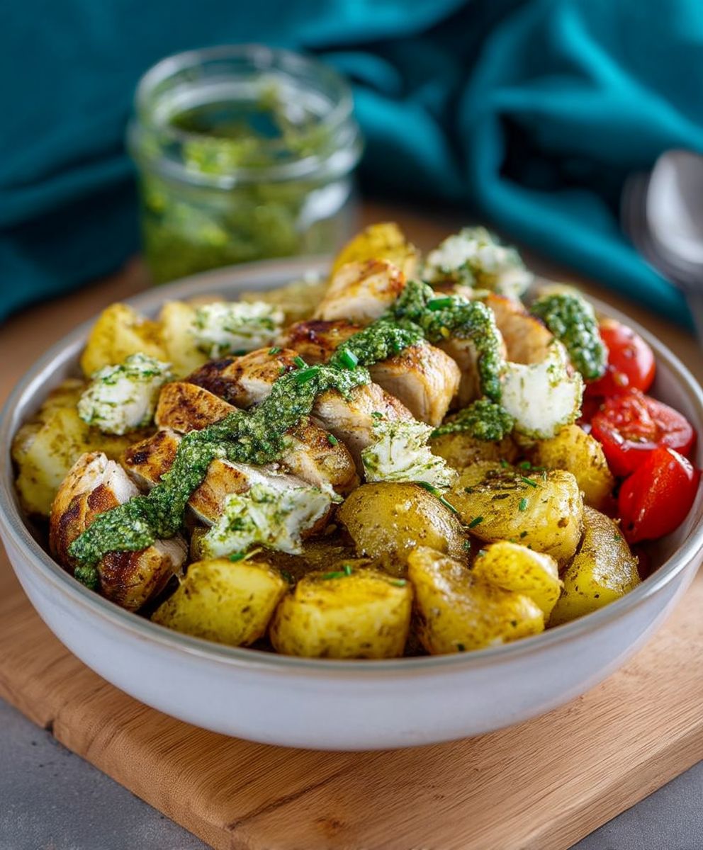 Pesto Hähnchen Röstkartoffel Bowl